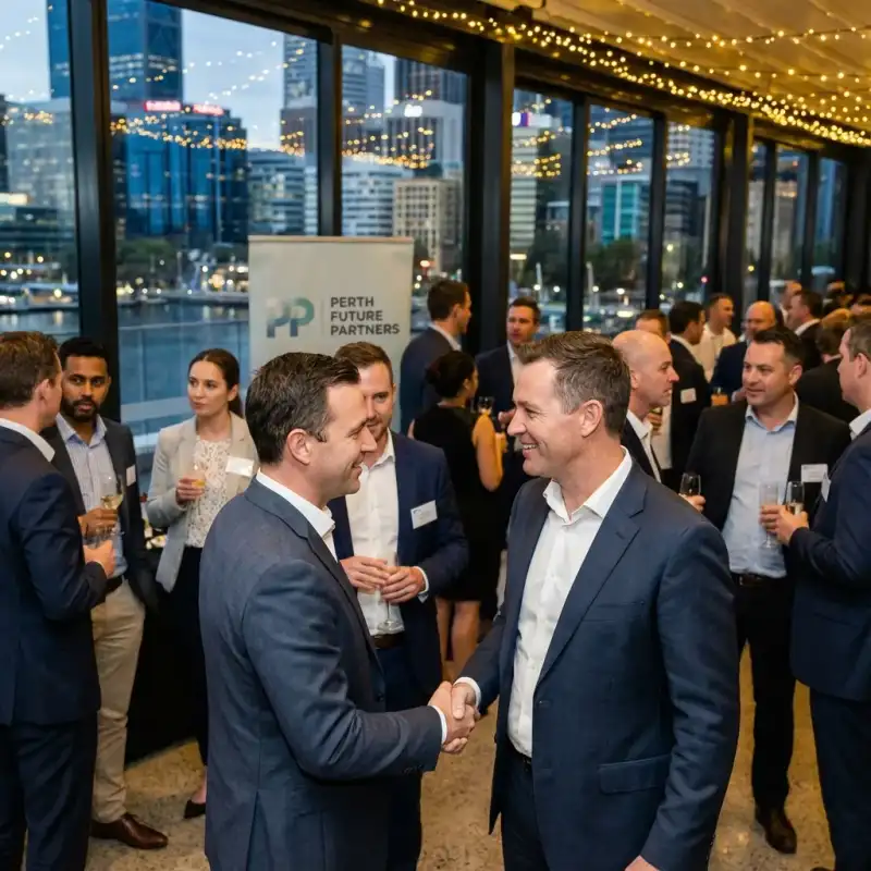Corporate event photography capturing networking moment at Perth business function