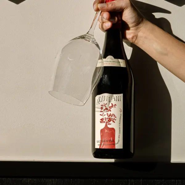 Hand holding a wine bottle in a creative product campaign composition.