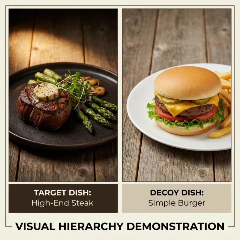 Side-by-side comparison of target dish with dramatic lighting versus decoy dish with flatter lighting, demonstrating visual hierarchy in menu photography.