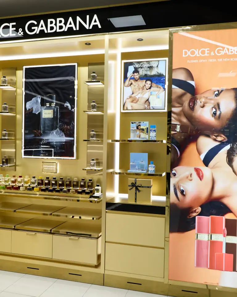 Dolce & Gabbana beauty campaign backwall photographed inside Myer Perth for brand activation coverage.