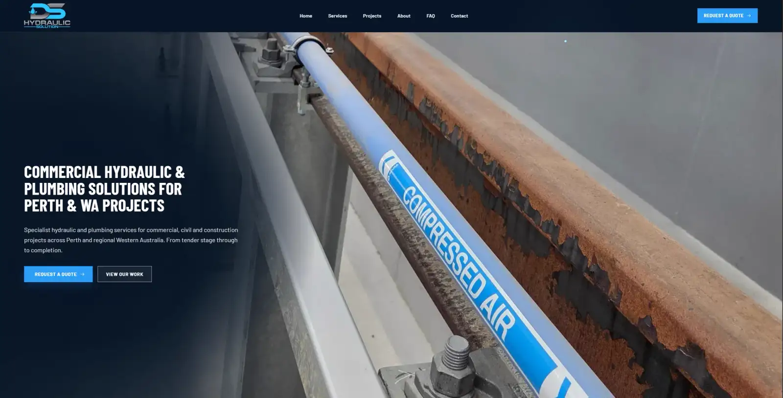 DS Hydraulic Solution website homepage presenting commercial hydraulic and plumbing solutions for Perth and Western Australian projects