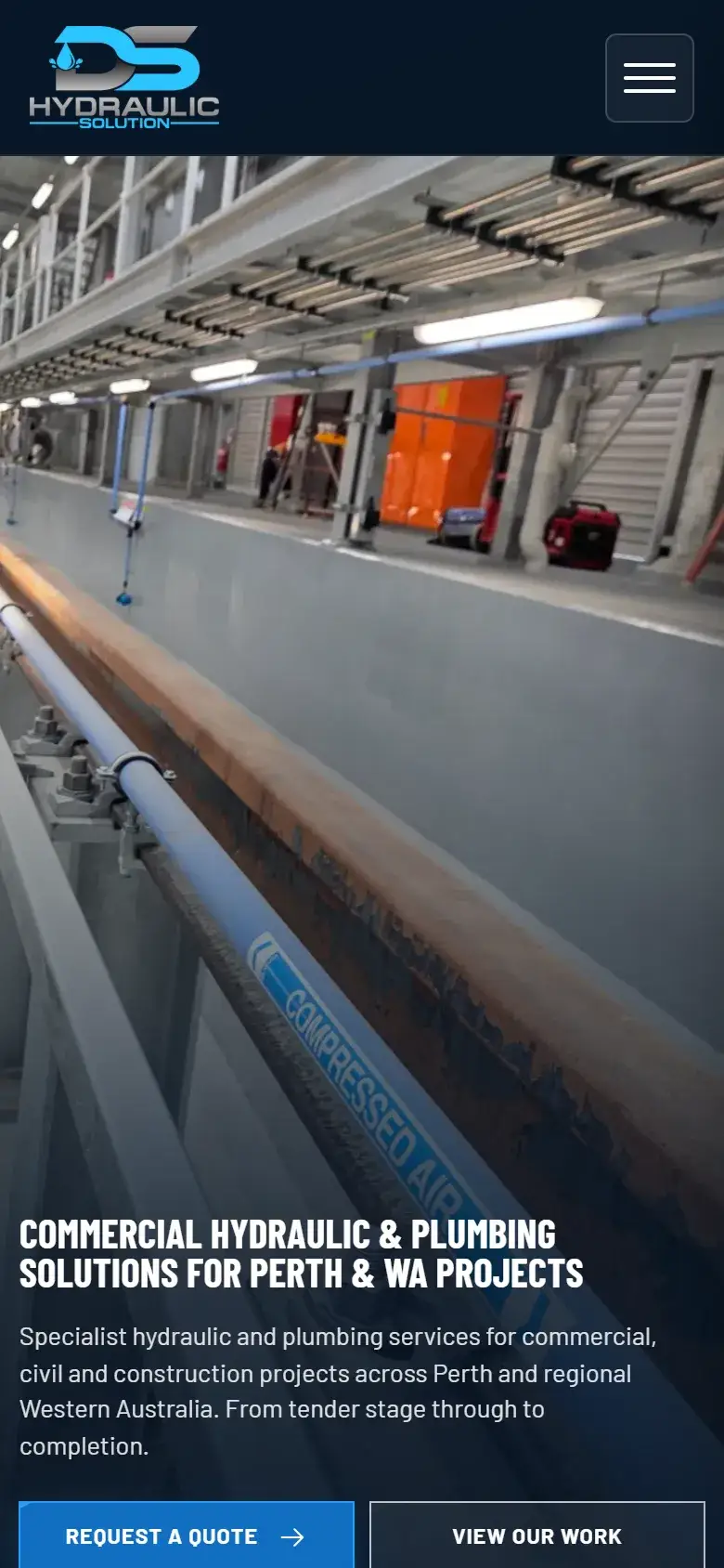 Mobile view of the DS Hydraulic Solution homepage with a compressed air line photo, the headline Commercial Hydraulic and Plumbing Solutions for Perth and WA Projects, and Request a Quote and View Our Work buttons