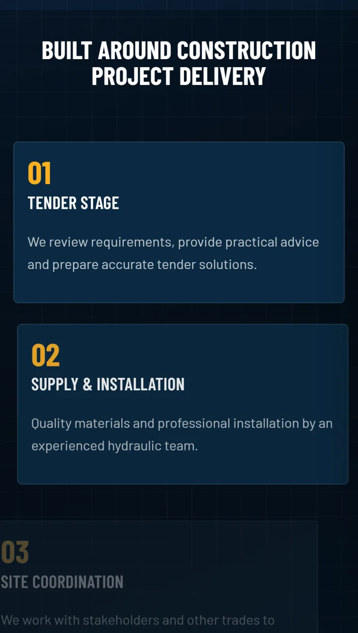 DS Hydraulic Solution website showing the tender-to-completion project process and client logos across Western Australia.