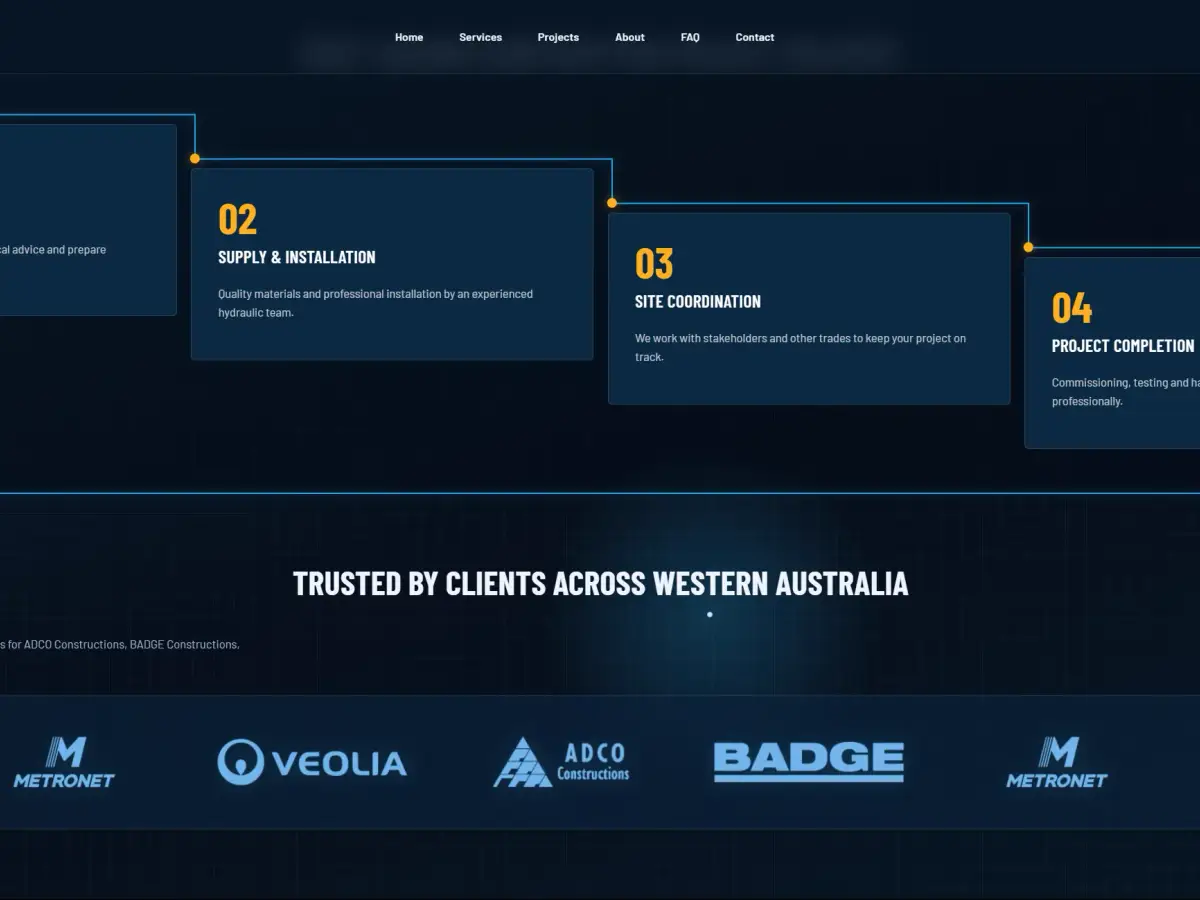 DS Hydraulic Solution website showing the tender-to-completion project process and client logos across Western Australia