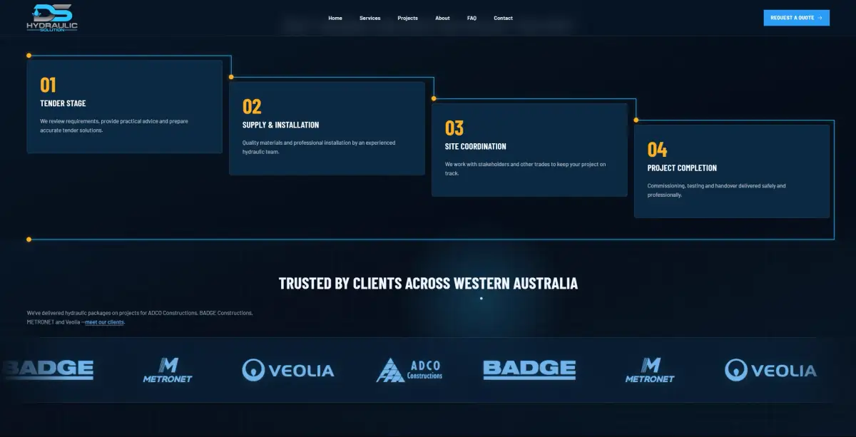 DS Hydraulic Solution website showing the tender-to-completion project process and client logos across Western Australia