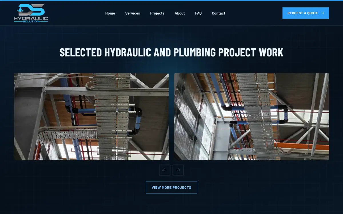 DS Hydraulic Solution website projects section titled Selected Hydraulic and Plumbing Project Work, showing two photos of blue and black pipework installed under a steel-framed industrial roof