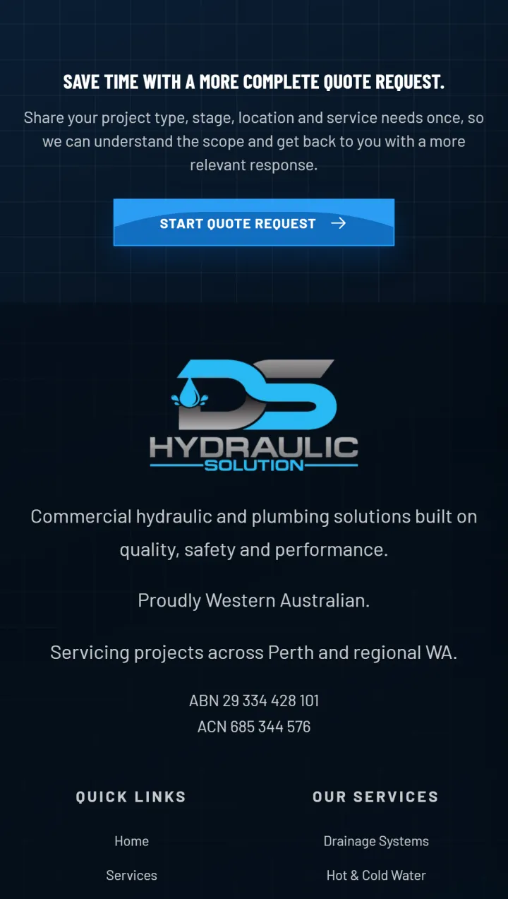 DS Hydraulic Solution website showing specialist services and a clear quote-request call to action.