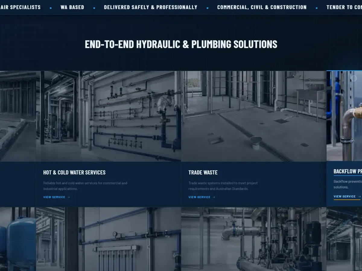 DS Hydraulic Solution website services section showing drainage, water, trade waste, and backflow prevention services