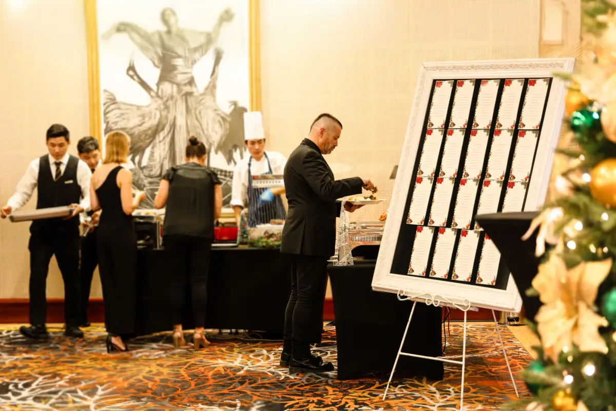 Buffet service and seating plan setup for a festive ballroom event at Duxton Hotel Perth