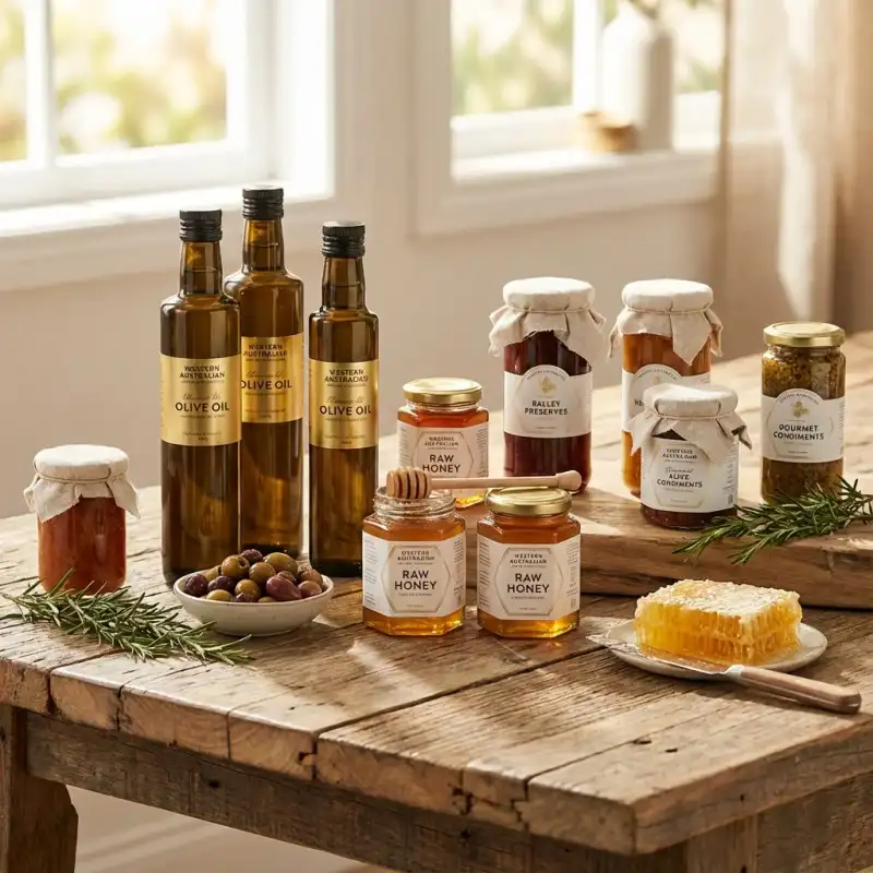 Perth artisan food products displayed for e-commerce photography with packaging and fresh ingredients