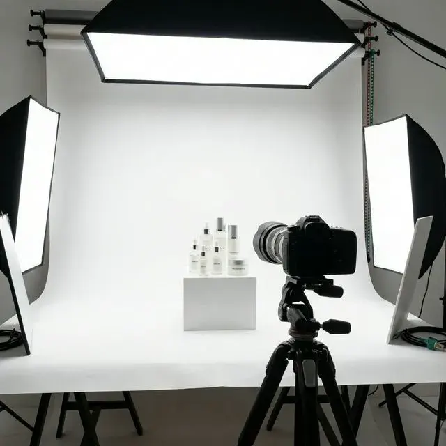 Studio ecommerce setup with camera, softbox lighting and white-background product set
