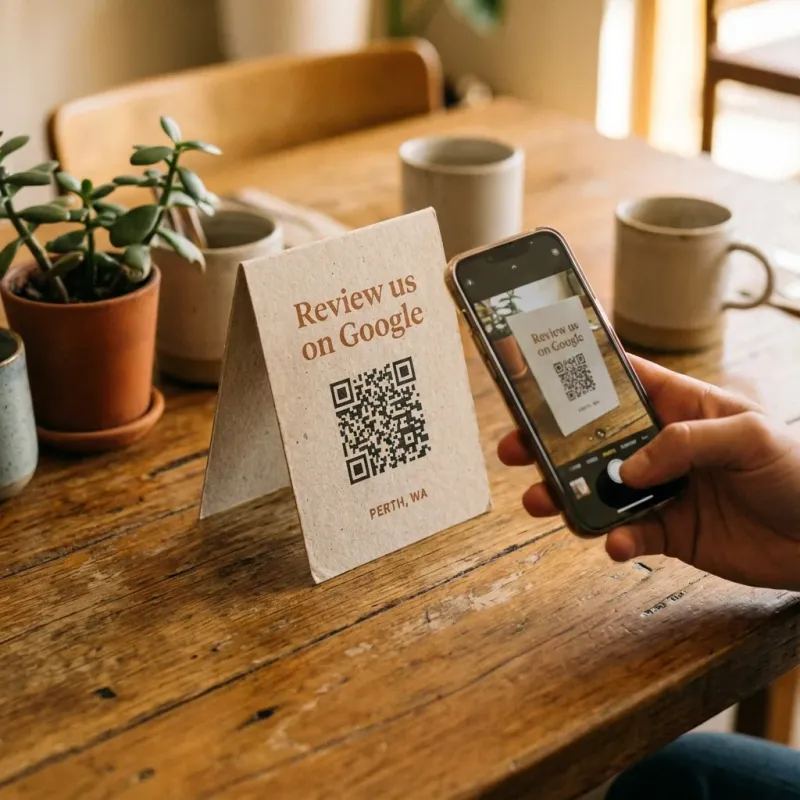 QR code on table tent at Perth restaurant prompting customers to leave a Google review, with smartphone scanning demonstration.