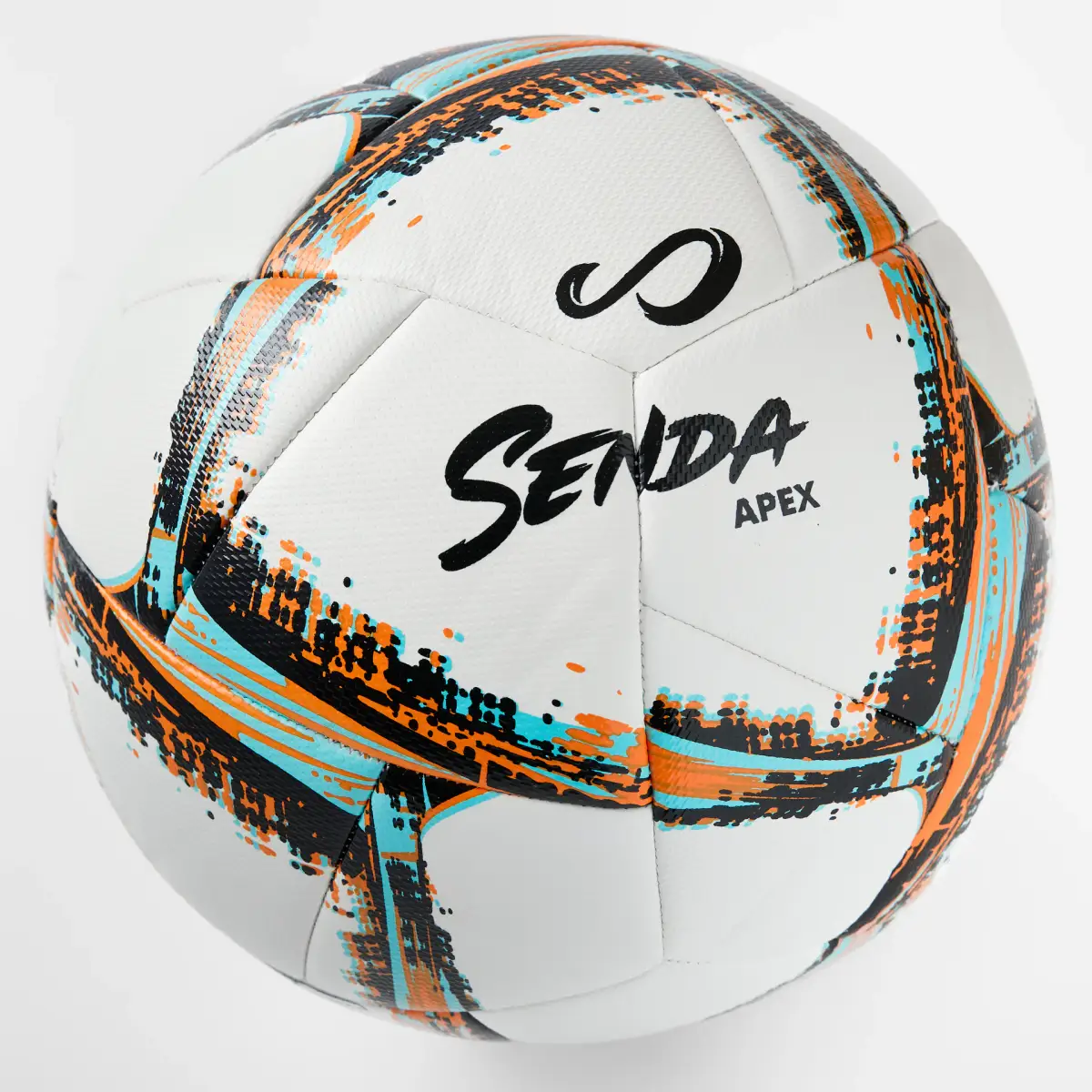 Senda Apex white futsal ball with black, orange, and aqua graphics photographed close-up on white