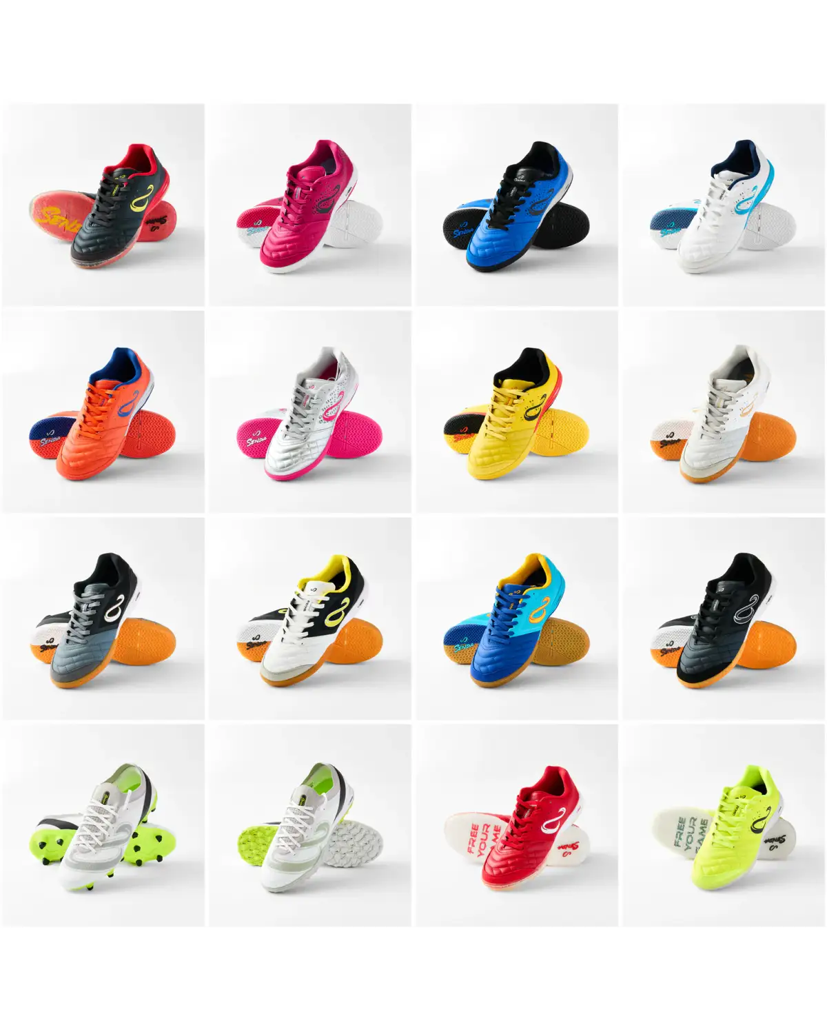 White-background product collage showing the Etna Sportswear Senda futsal shoe range in multiple colourways