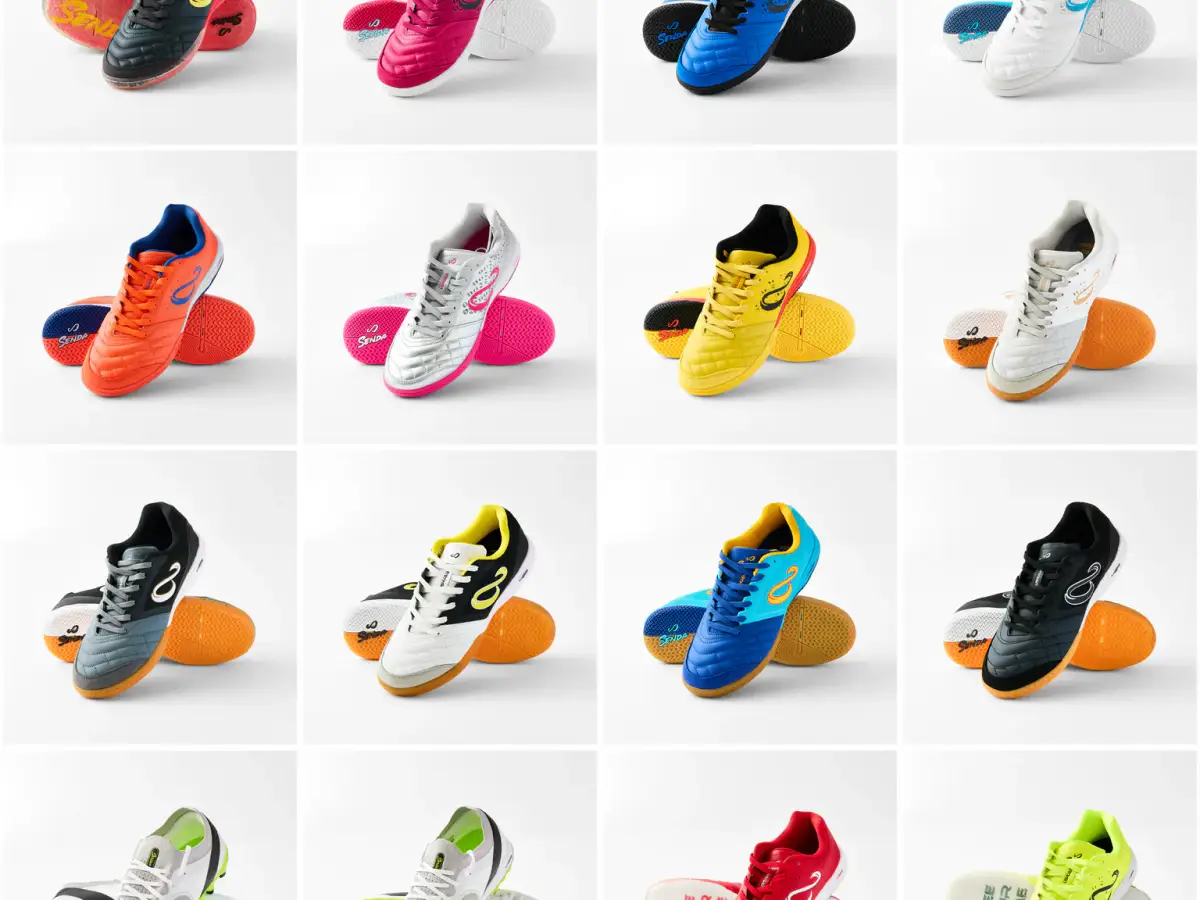 White-background product collage showing the Etna Sportswear Senda futsal shoe range in multiple colourways