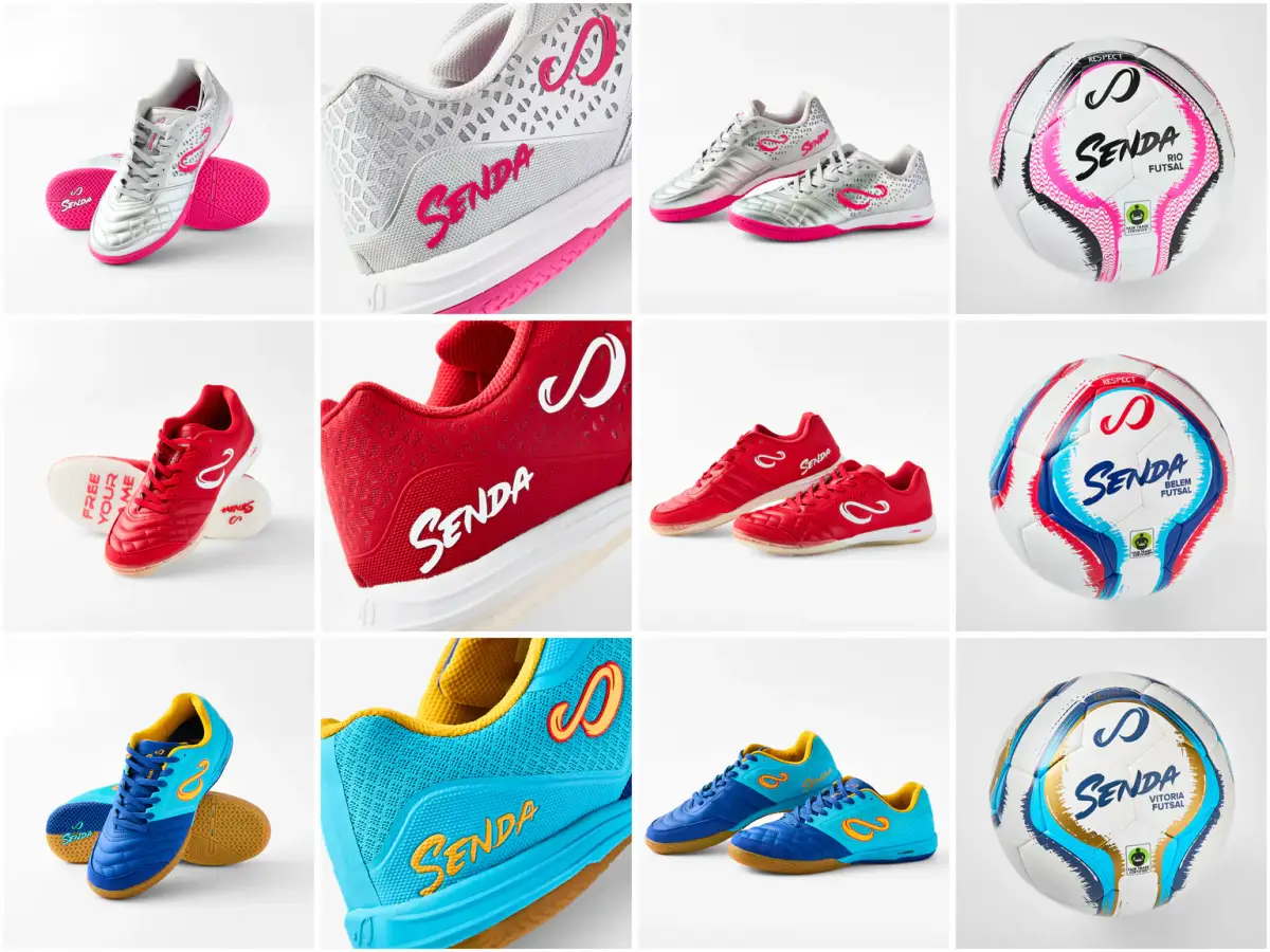 White-background product collage showing Etna Sportswear's Senda futsal shoes and futsal balls in multiple colours