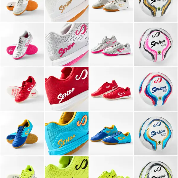 Etna Sportswear Senda shoes and futsal balls arranged as a consistent ecommerce range.