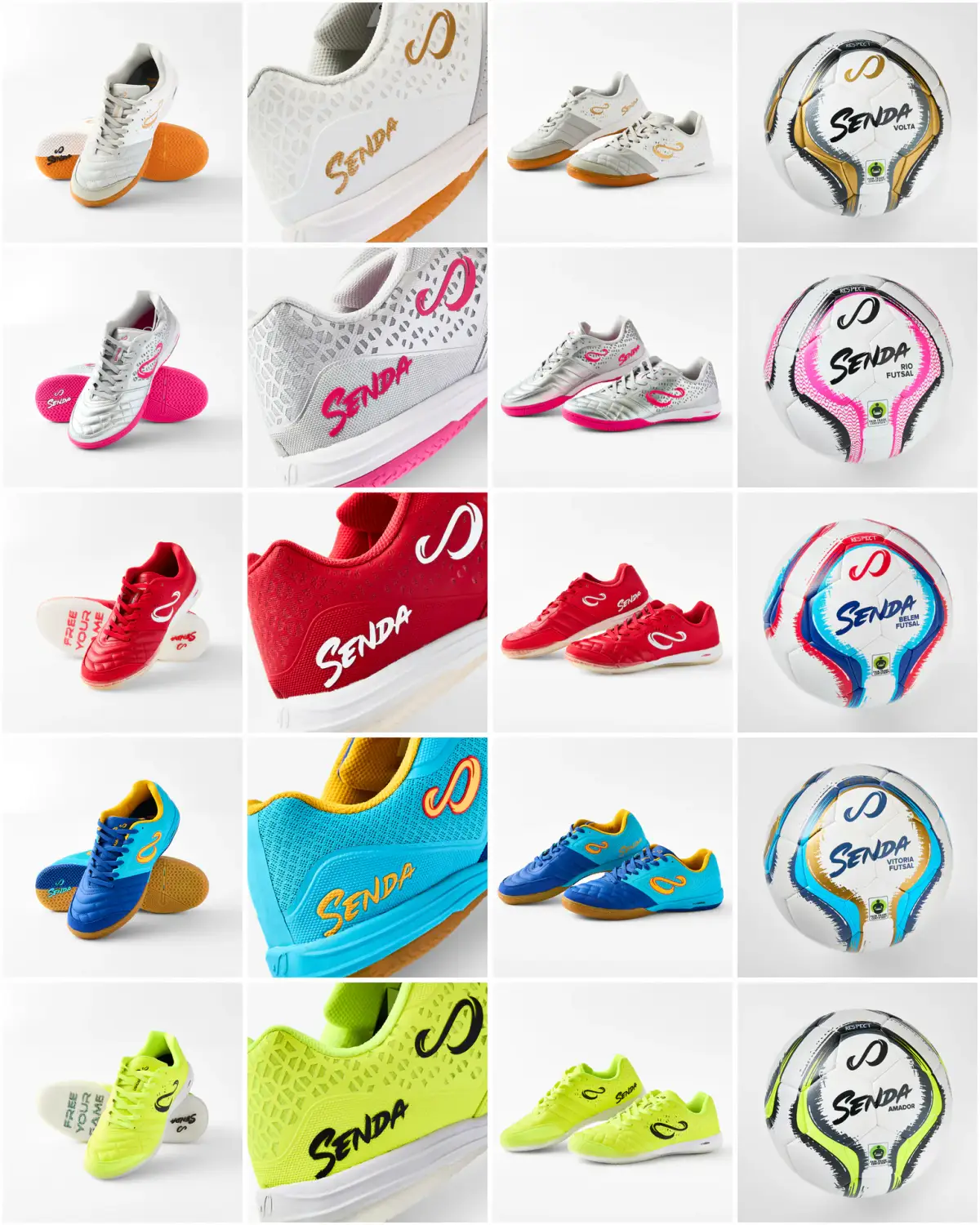 White-background product collage showing Etna Sportswear's Senda futsal shoes and futsal balls in multiple colours