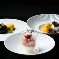 Elegant trio of fine-dining desserts served on white textured plates, featuring a layered parfait in a glass and plated tropical elements, photographed in a studio setting in Perth.