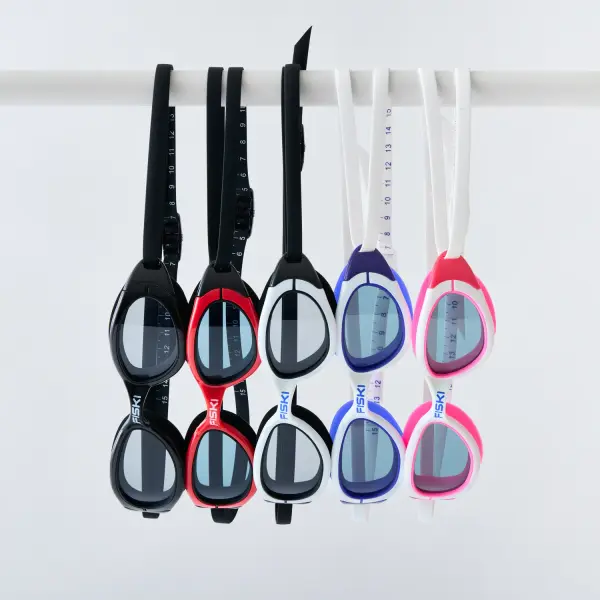 Fiski swimming-goggle colour range photographed consistently for ecommerce.
