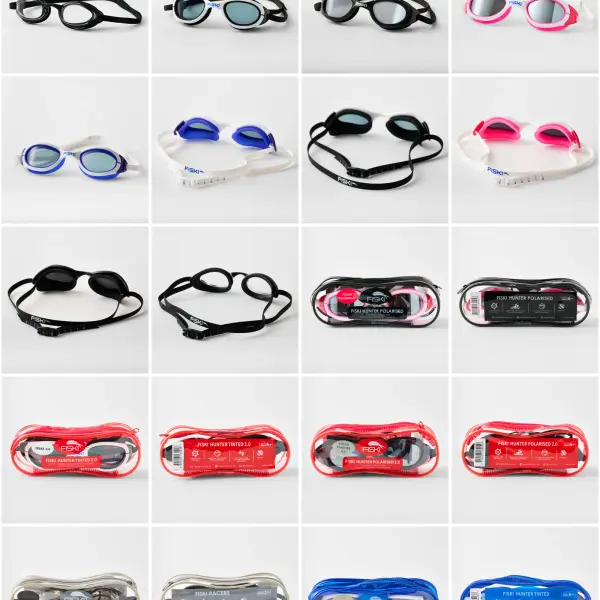 Full swimming-goggle range contact sheet organised for bulk SKU review.