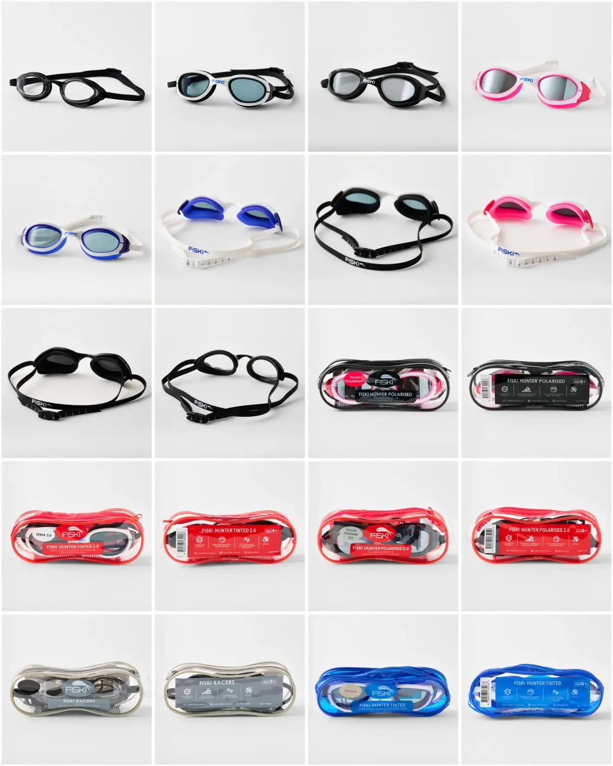 Contact sheet of twenty Fiski swimming goggle ecommerce photographs showing the Hunter, Racer and Polarised ranges as loose pairs and in retail packaging on a white background