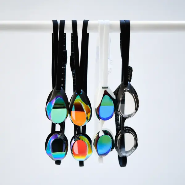 Mirrored swimming-goggle variants showing lens colours for a marketplace listing.