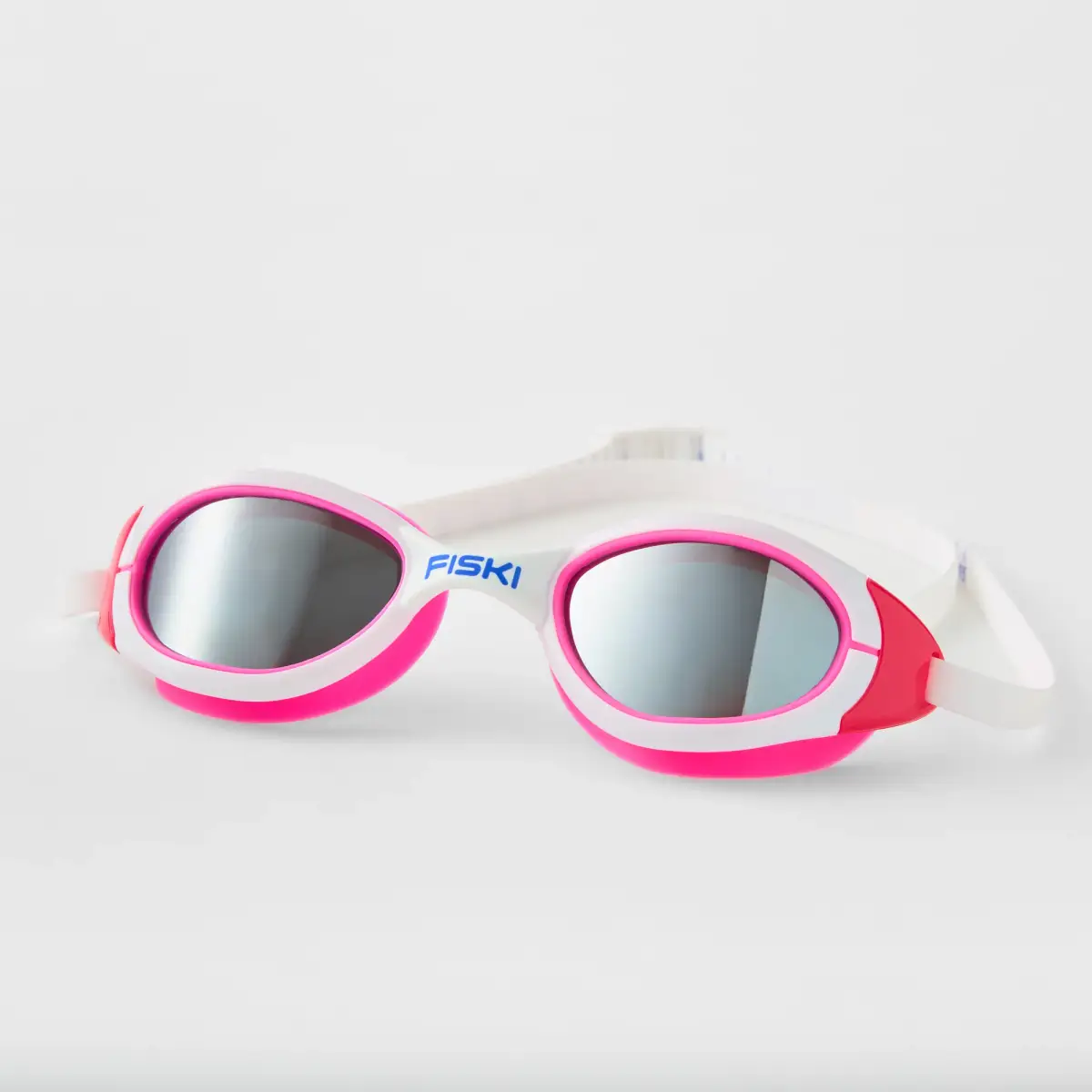 White and pink Fiski swimming goggles with silver mirrored lenses and a white strap photographed on a white background