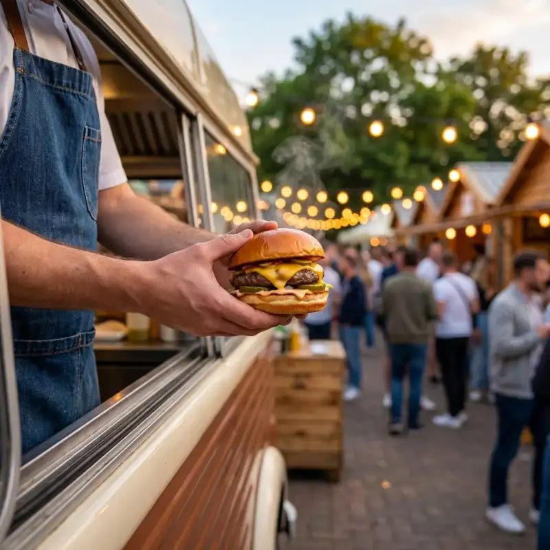 Gourmet burger being served from Perth food truck window with warm evening market lighting