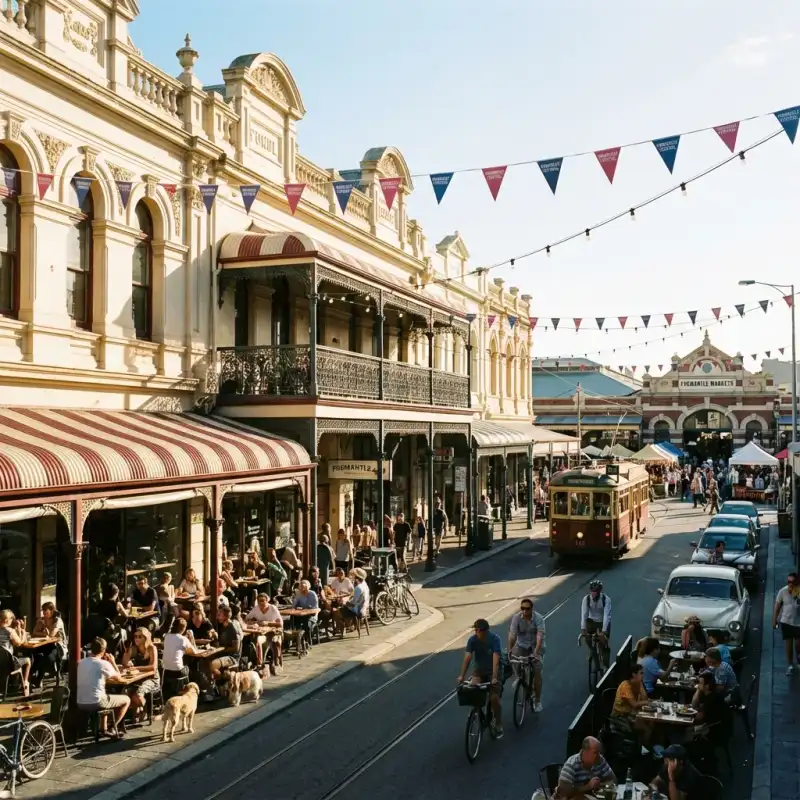 Fremantle cafe streetscape with historic buildings and outdoor dining areas near Fremantle Markets