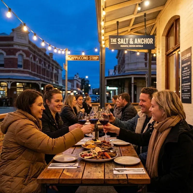 Candid event photography of guests dining and laughing at a Fremantle restaurant opening night on the Cappuccino Strip, captured by Perth event photographer.