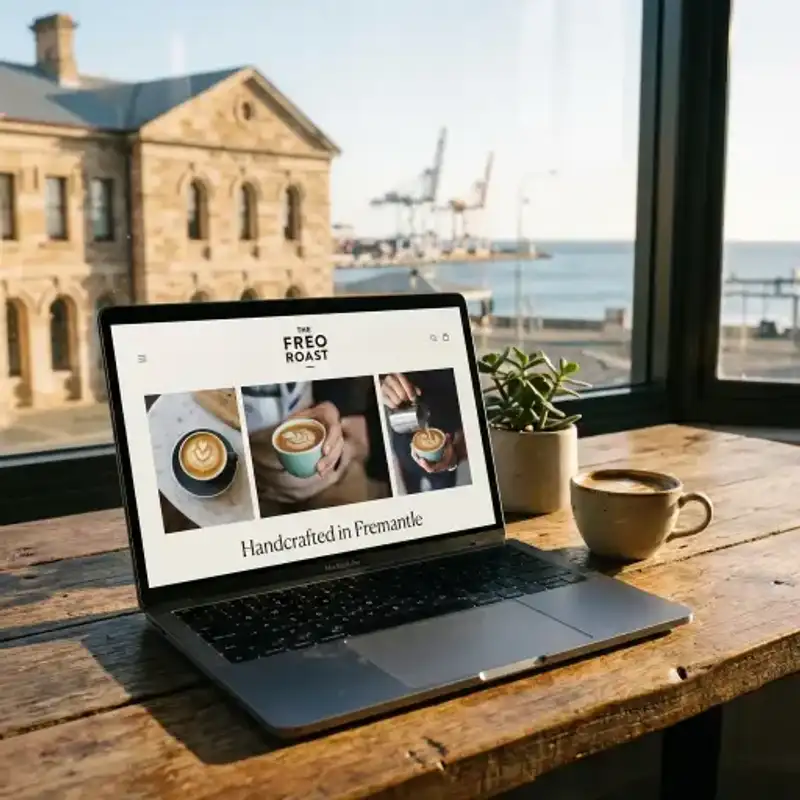 Artistic laptop display showing a Fremantle cafe website with port background.
