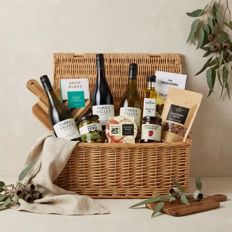 Beautifully styled gourmet gift hamper with local Perth products against elegant backdrop