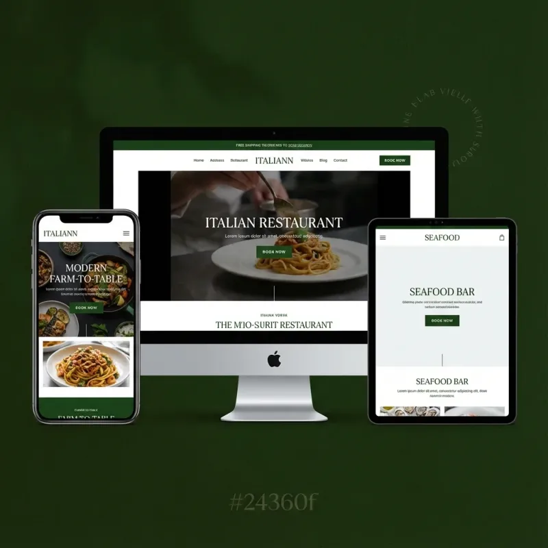 Collage showing mobile and desktop views of high-performing Perth restaurant websites from Fremantle, Northbridge, and Cottesloe featuring fast load times and clear booking buttons.