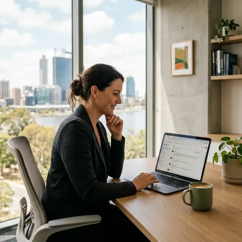 Perth business owner reviewing customer feedback and Google review notifications