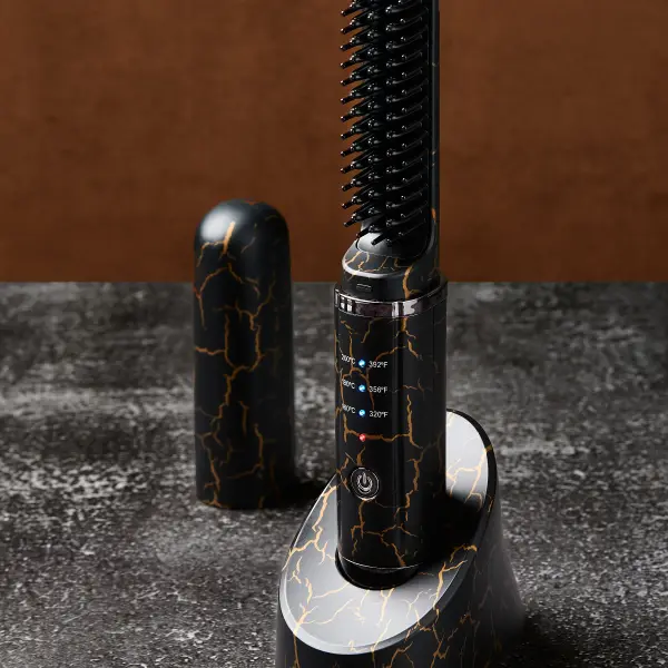 Heated beard-straightening brush photographed as a beauty and grooming tool.