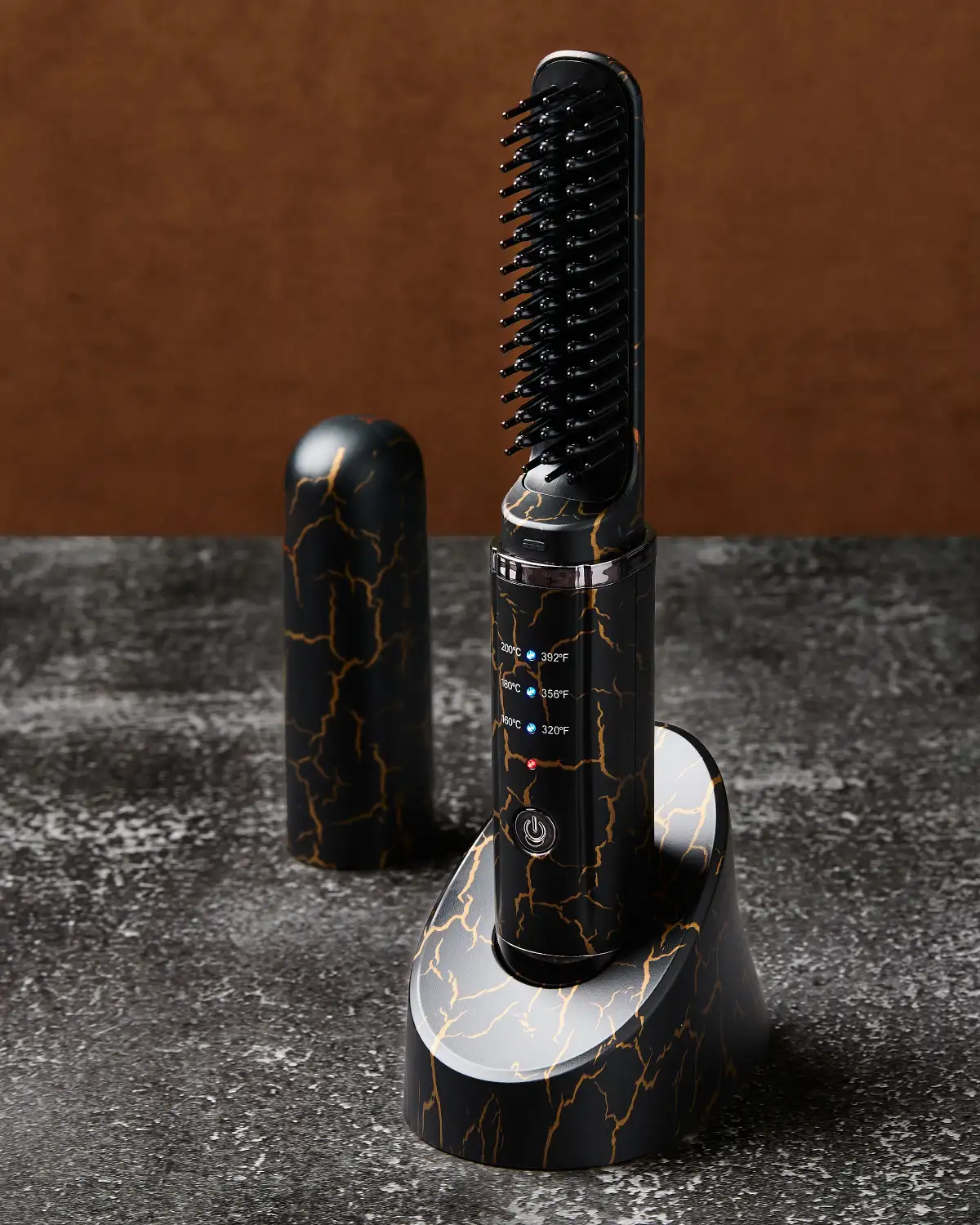 Heated beard-straightening brush photographed as a beauty and grooming tool.
