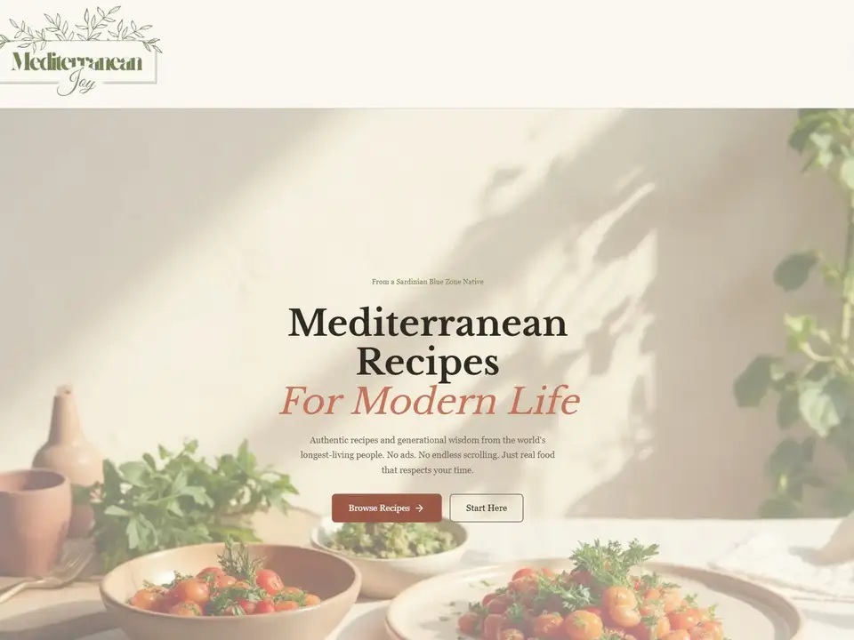 Mediterranean Joy website homepage showing an editorial Mediterranean hero section with warm food photography and story-led copy