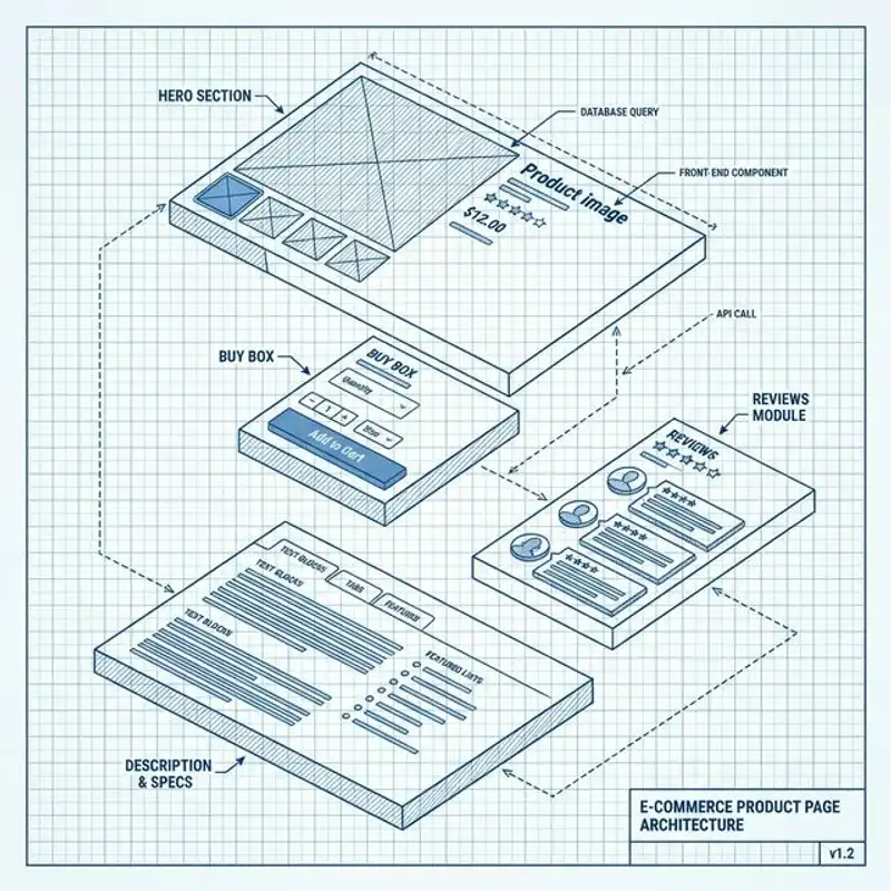 Annotated e-commerce product page showing high-converting design elements including hero image, pricing, reviews, and add to cart button