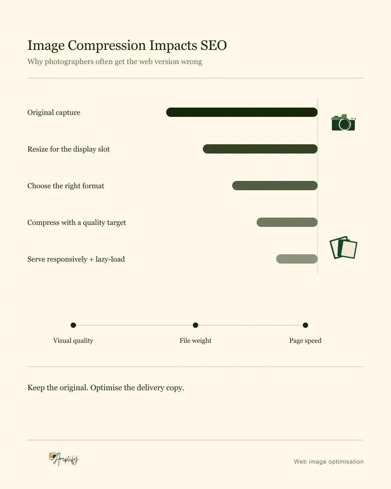 Five image handling steps, each with a weight bar that shrinks at every stage, above a three-way balance of visual quality, file weight and page speed