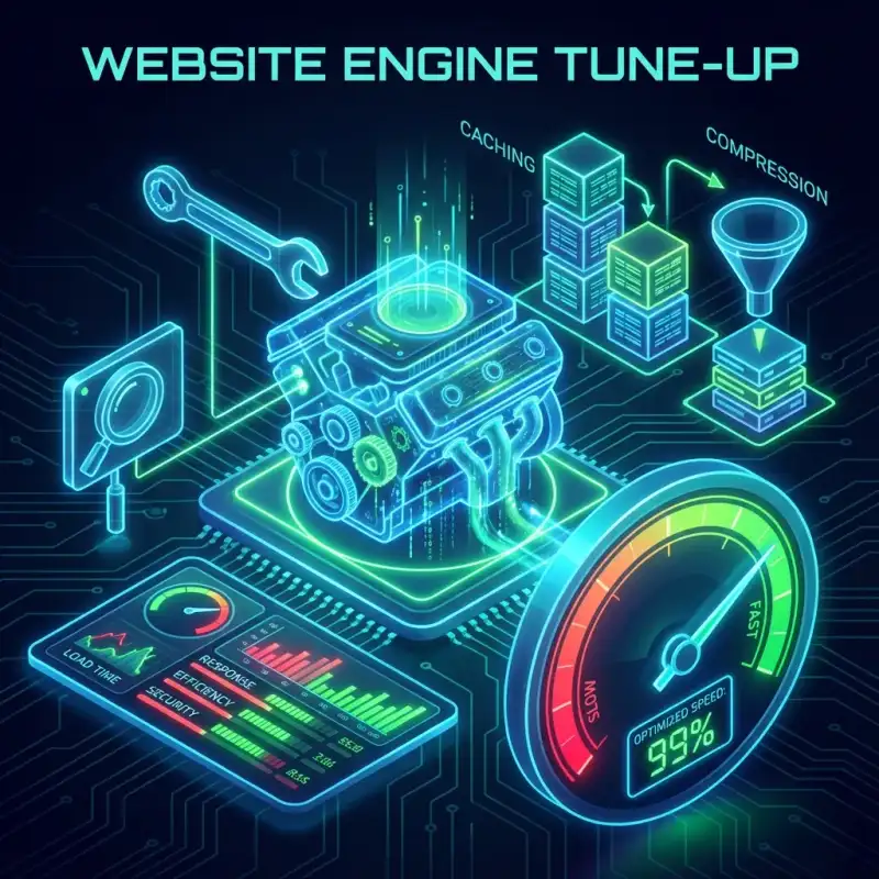 Digital illustration of a website engine being tuned up, with metrics turning green and a speedometer showing 100% speed.