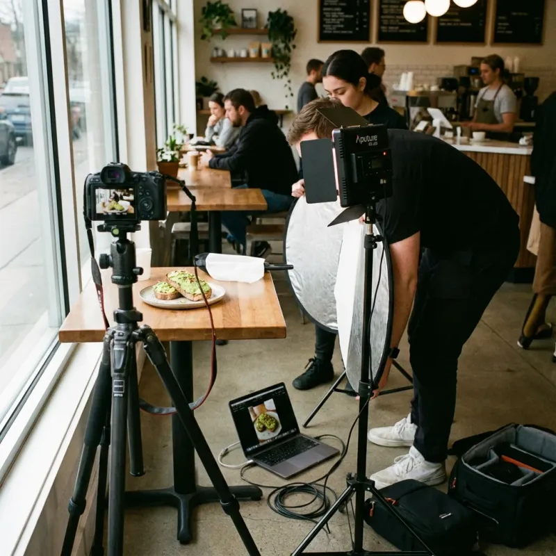Behind-the-scenes photo showing a Perth café food photography setup with window light and LED fill panel creating the hybrid lighting approach.