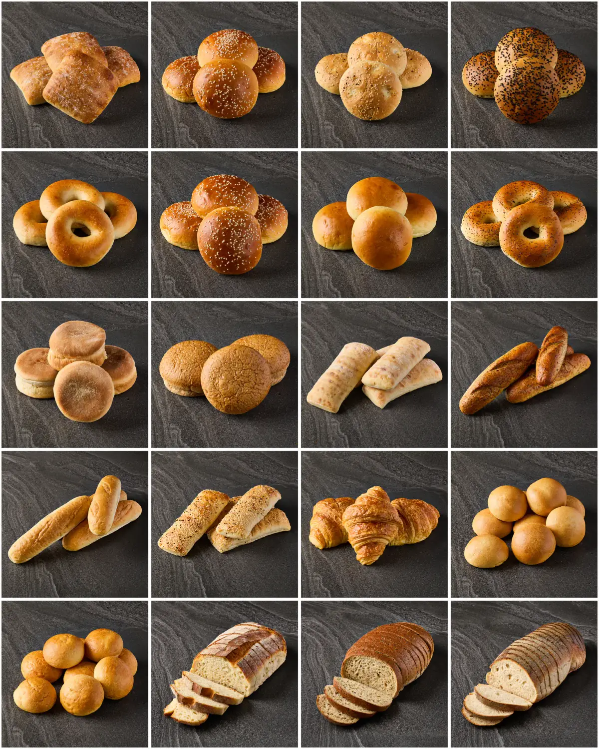 Product collage showing the Il Granino artisan bakery range of rolls, bagels, baguettes, croissants, and sliced loaves