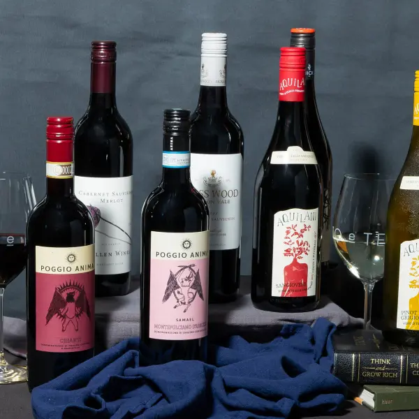 A styled wine collection photographed for beverage photography in Perth.