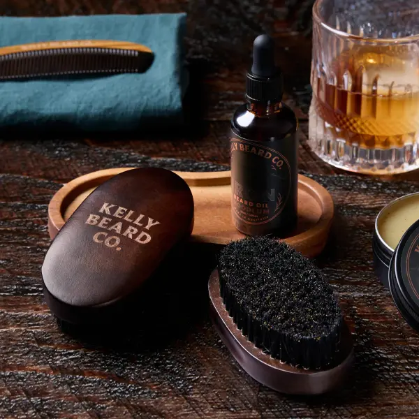 Beard-care products arranged in a branded lifestyle composition.