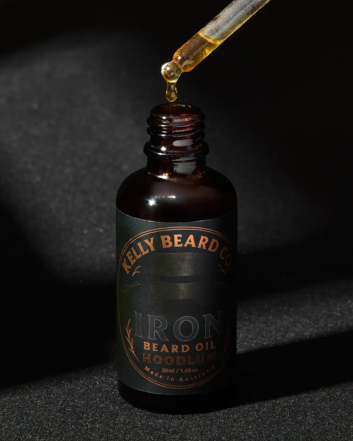 Beard-oil dropper and bottle photographed to show formula and applicator detail.