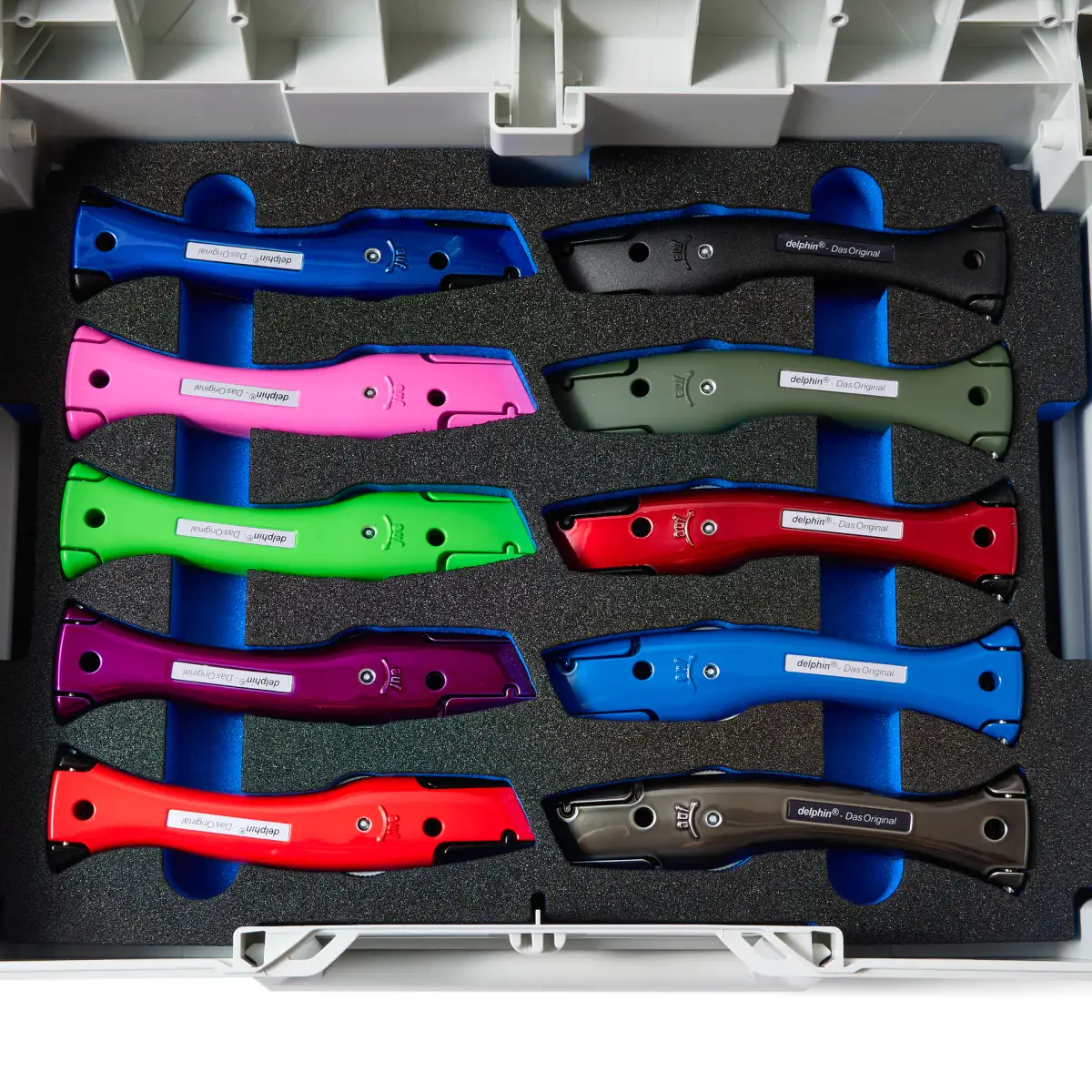 Janser premium Dolphin knife set in multiple colours arranged inside a fitted presentation case