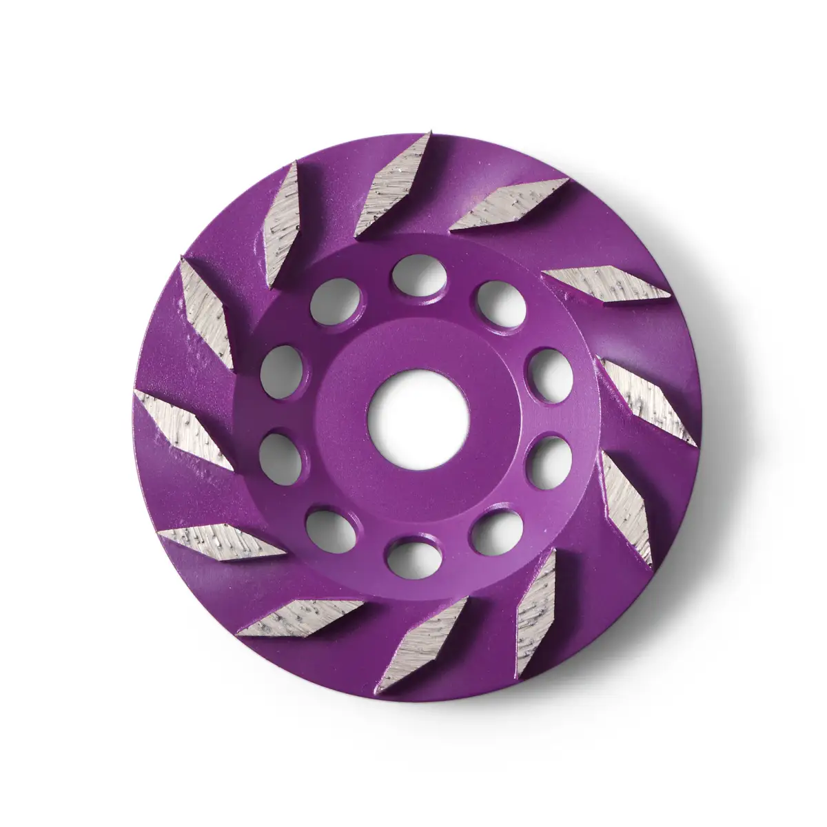 Purple Kevmor Star B cup wheel photographed from above to show its segmented grinding surface