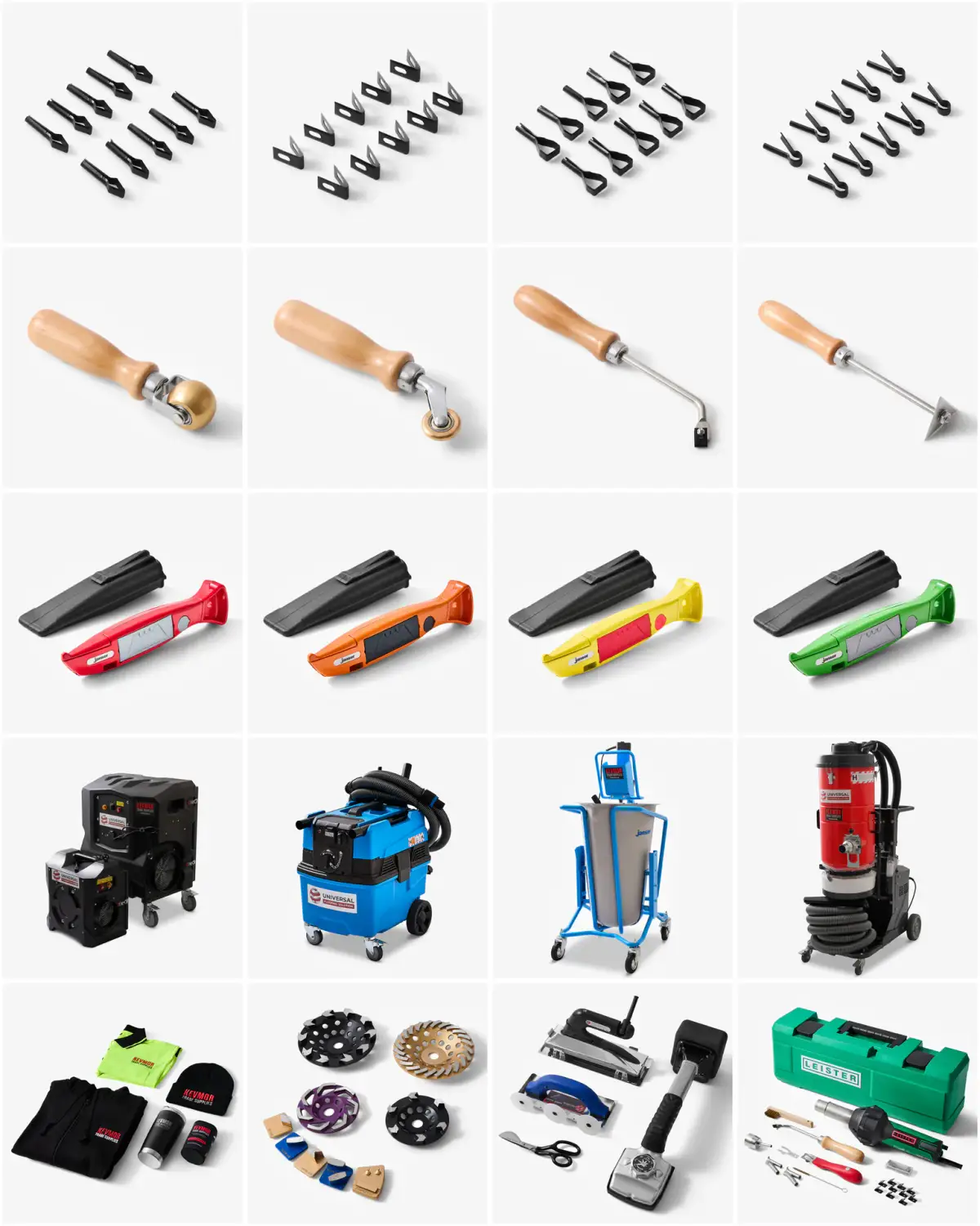 White-background product collage showing Kevmor trade tools, floor preparation machines, accessories, and workwear