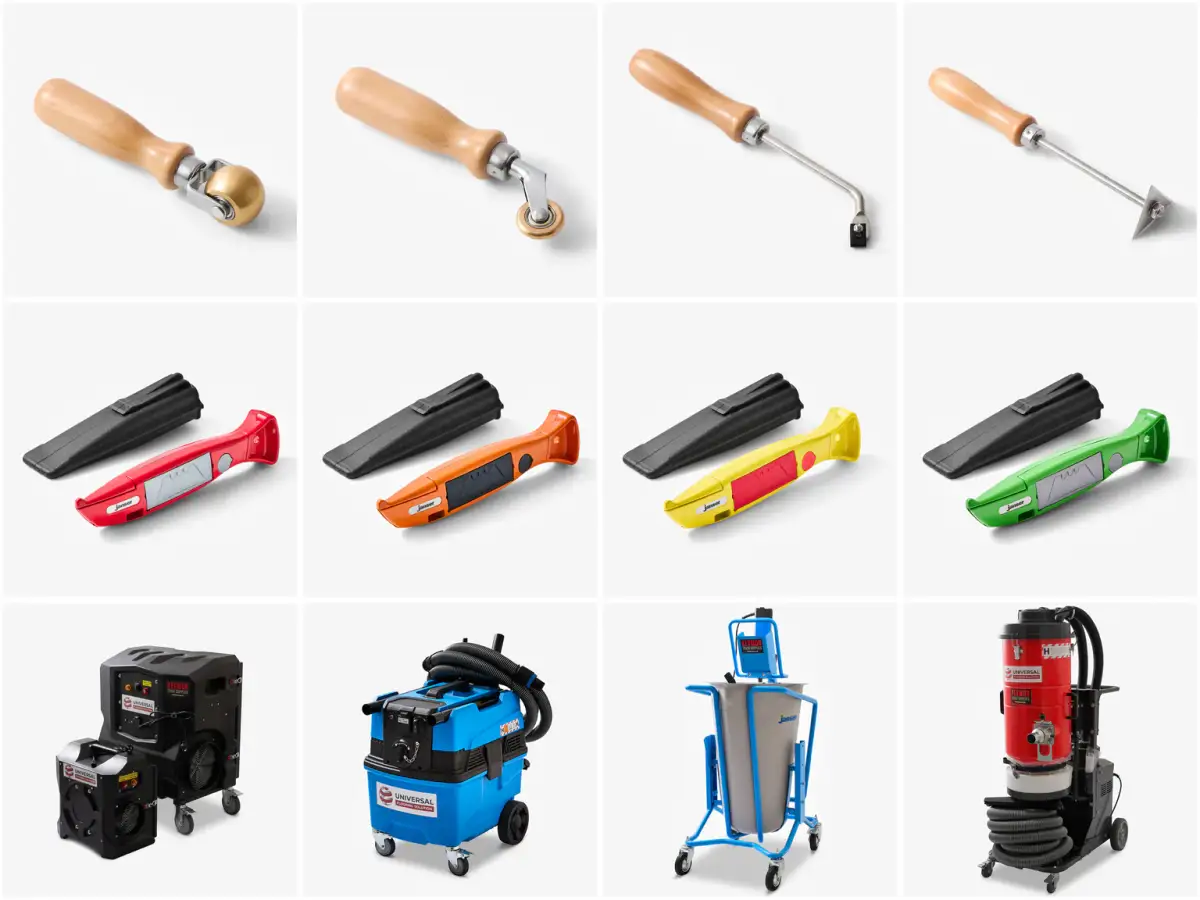 White-background product collage showing Kevmor trade tools, floor preparation machines, accessories, and workwear
